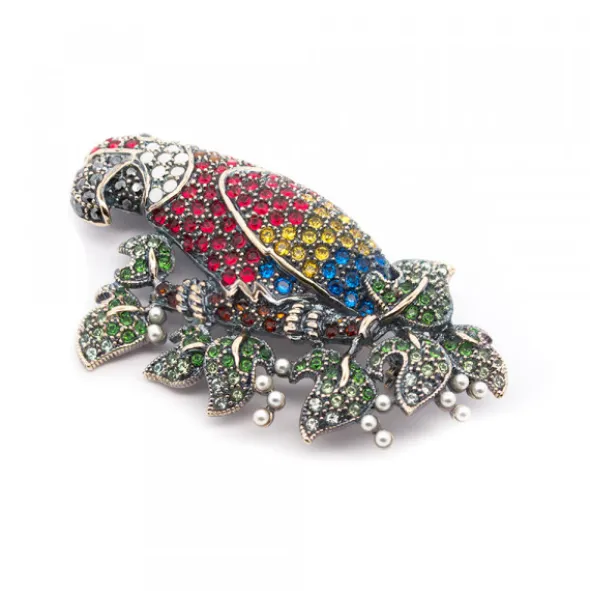 Broche Loro Plata y Cristales Multicolor