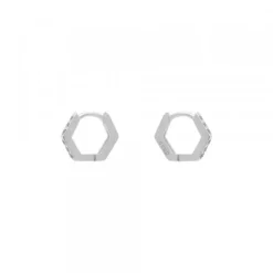 Pendientes Aro Mini Hexagon de Plata con Circonitas Blancas