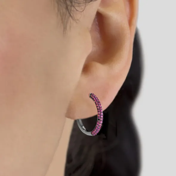 Pendientes Aro Plata Negra y Circonitas Rosas