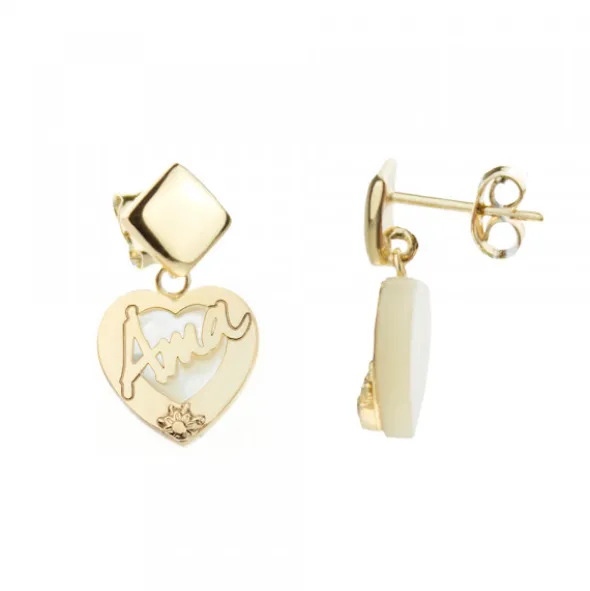 Pendientes Largos Corazón Ama Plata Dorada
