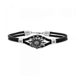 Pulsera Cuero Eguzkilore de Plata Envejecida