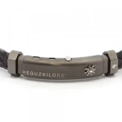 Pulsera Eguzkilore Cuero Trenzado Negro y Brillante