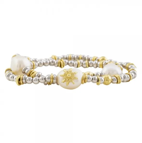 Pulsera Eguzkilore Elástica Plata Dorada y Perlas