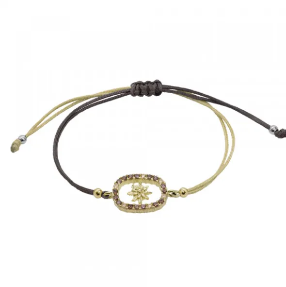 Pulsera Muka Macramé Plata Dorada y Circonitas Marrones