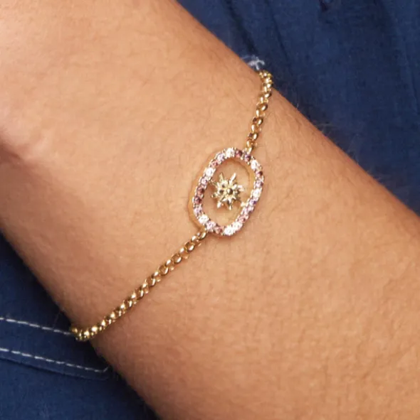 Pulsera Muka Macramé Plata Dorada y Circonitas Marrones